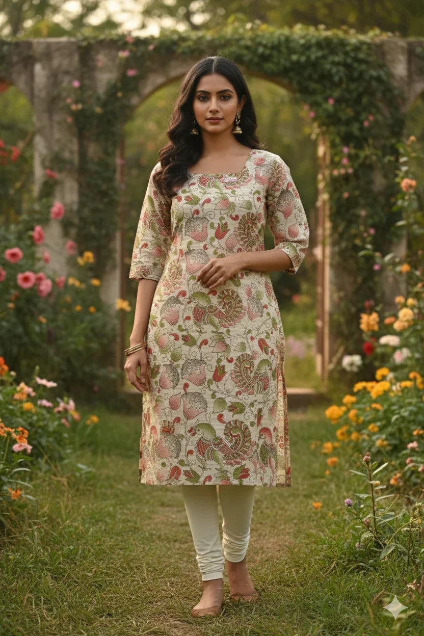 Premium Cotton Straight Cut Kurti Biscuit – Elegant Floral Print Design