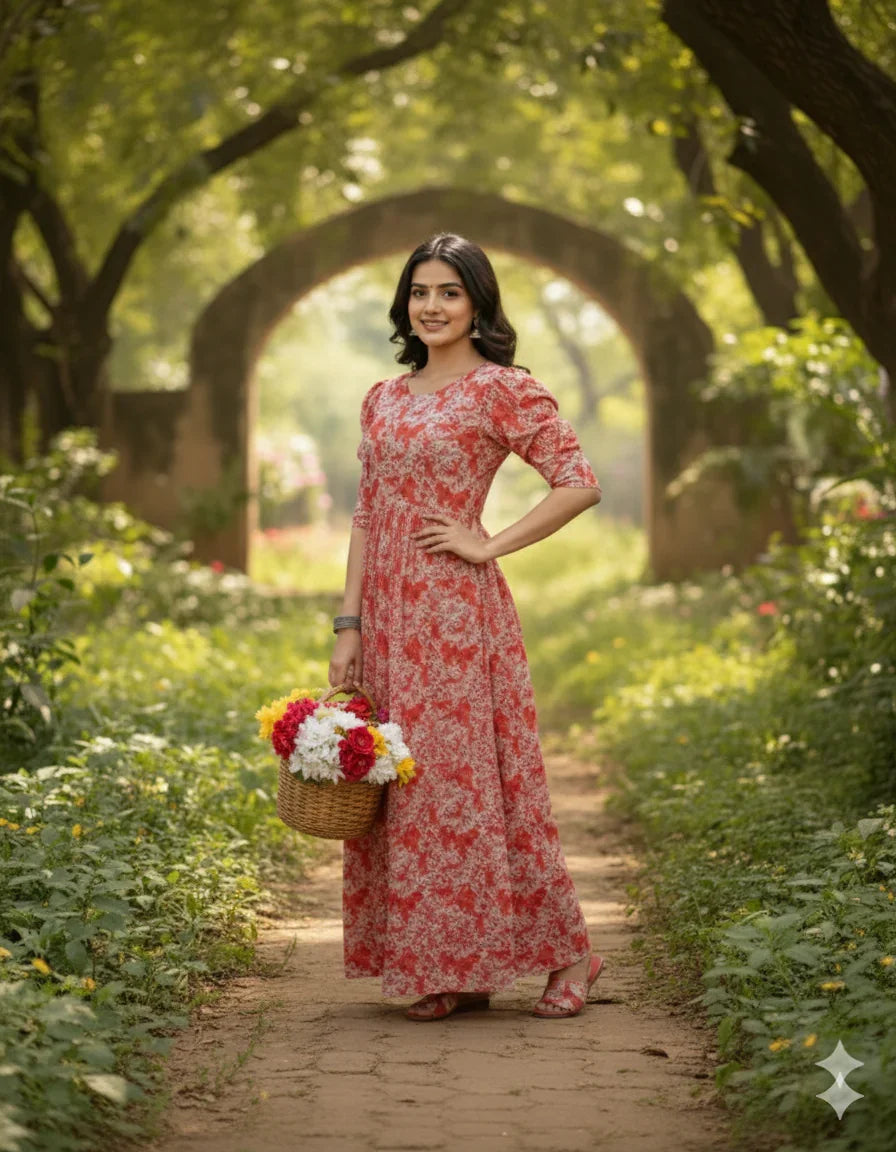 Premium Mul Cotton Frock Brunt Red – Puff Sleeve Design with Knots, Zero Shrinkage