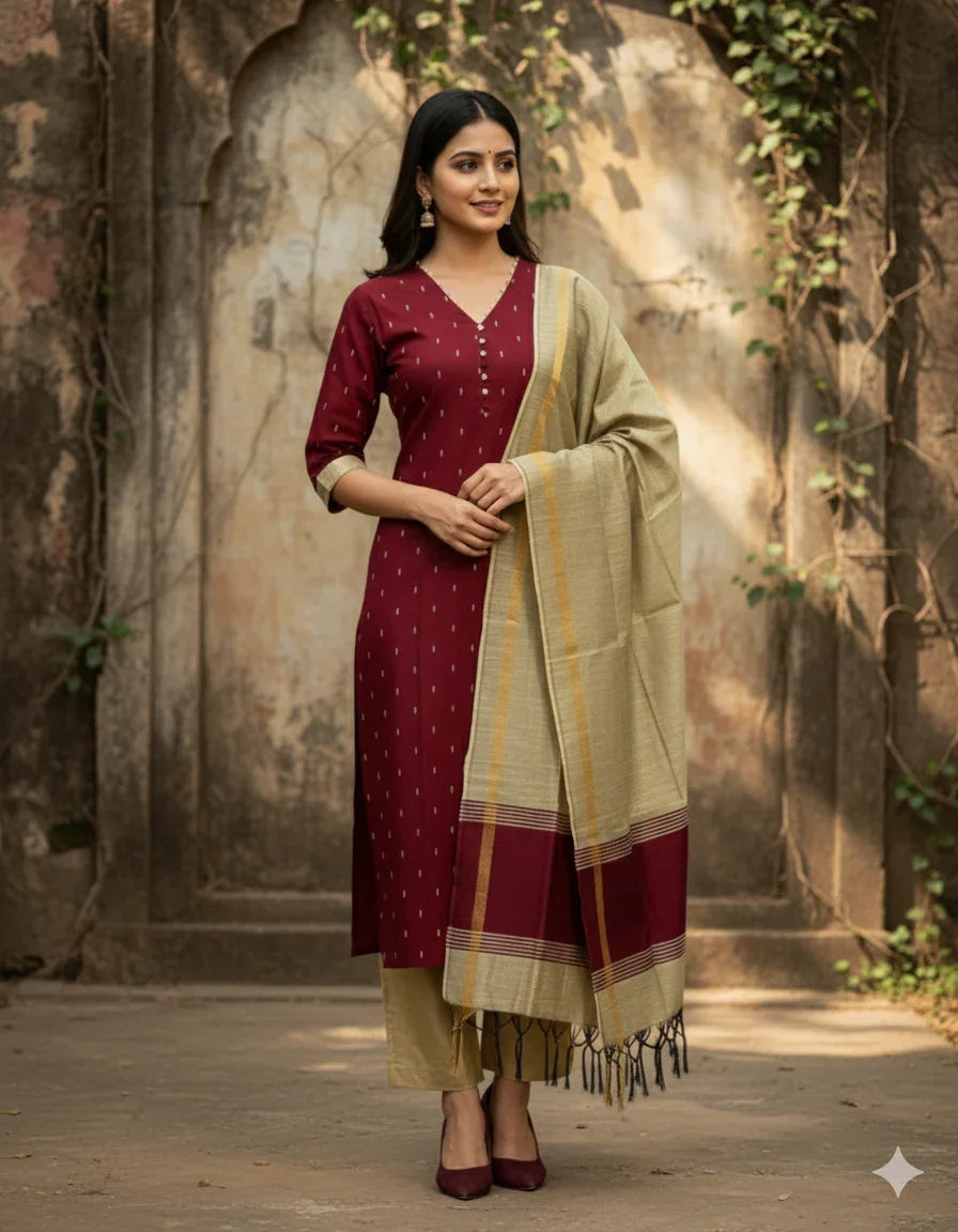 Raw Silk 3pc KurtiSet With Maroon Colour Full Length Lining | Gold Dupatta