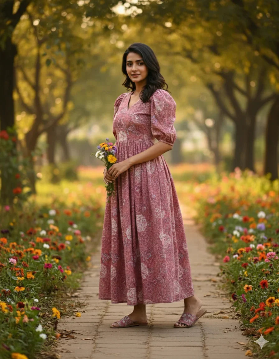 Premium Mul Cotton Frock Grey Pink – Puff Sleeve Design with Knots, Zero Shrinkage