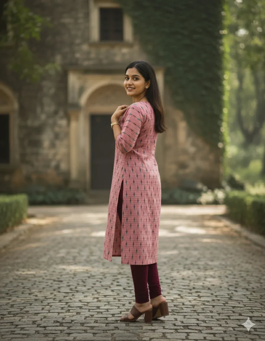 Premium Cotton Straight Cut Kurti – Pink Floral Print Design for Women