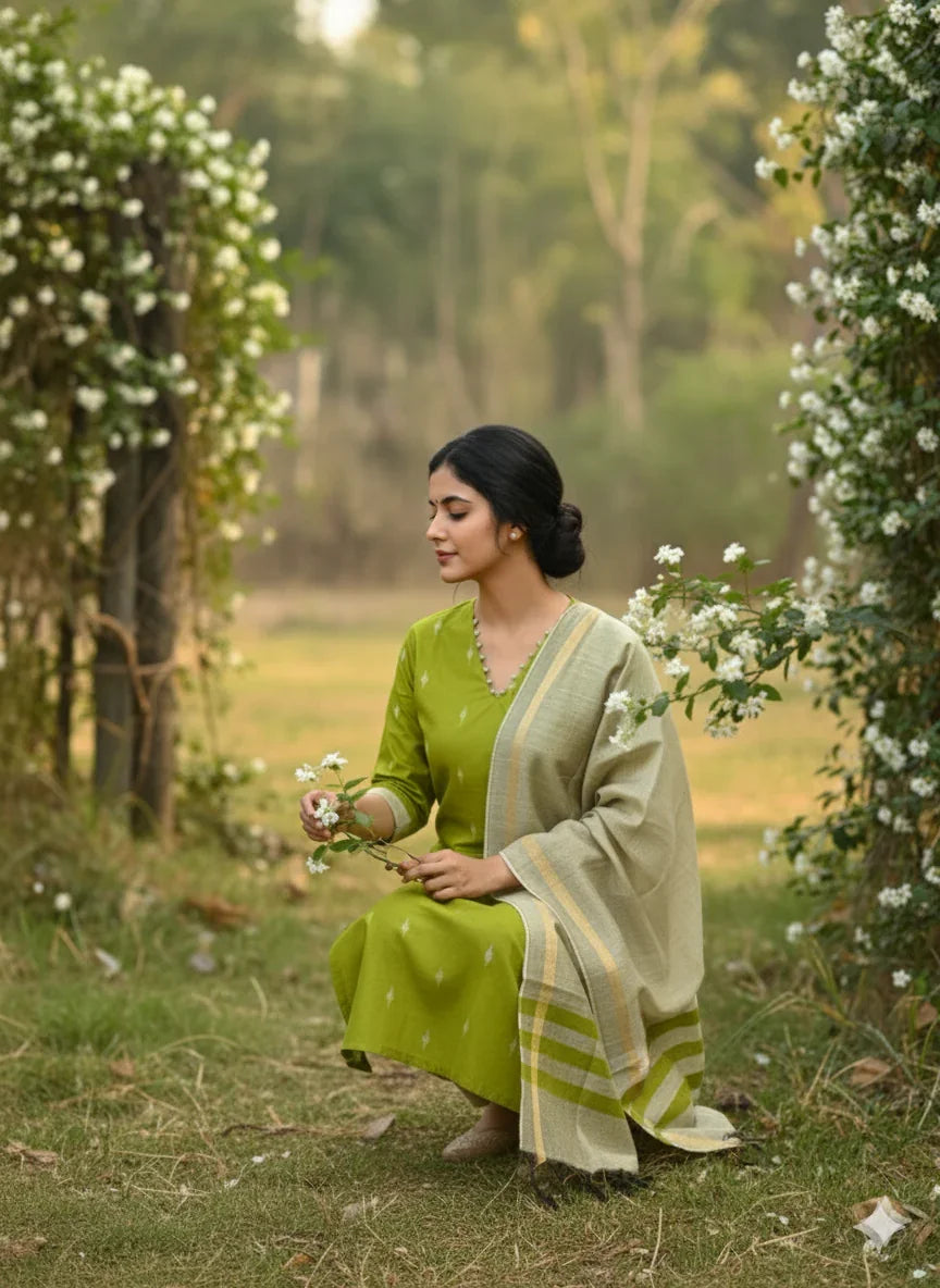 Raw Silk 3pc KurtiSet With Green Colour Full Length Lining | Gold Dupatta