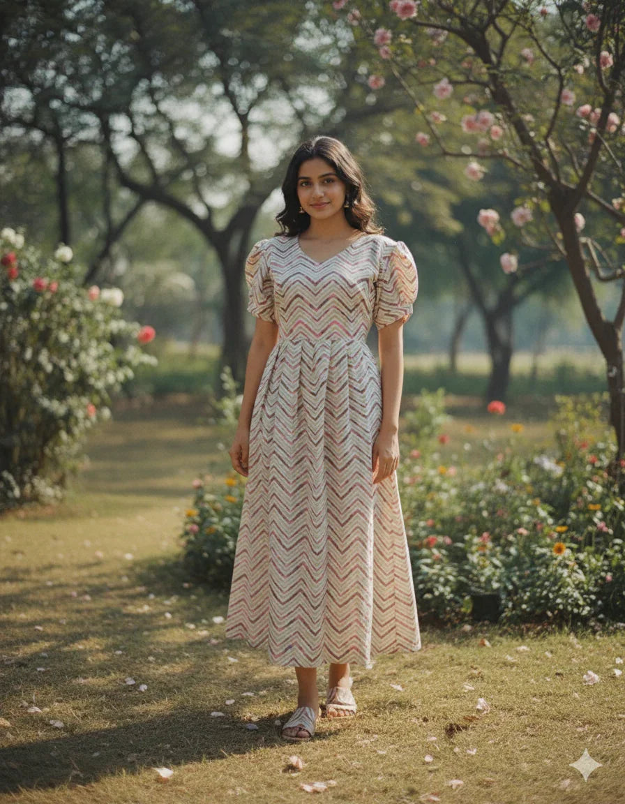 Premium Mul Cotton Frock Cream – Puff Sleeve Design with Knots, Zero Shrinkage