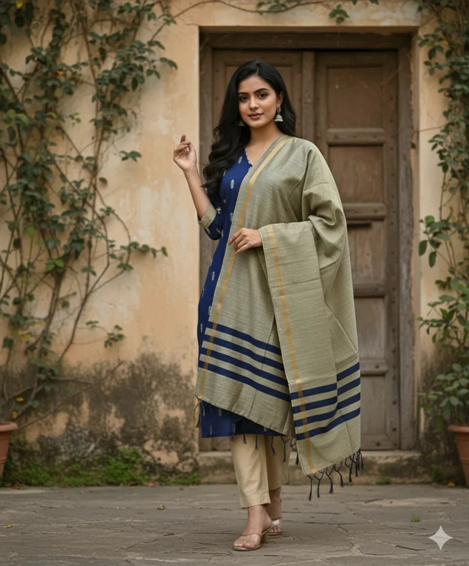 Raw Silk 3pc KurtiSet With Blue Colour Full Length Lining | Gold Dupatta