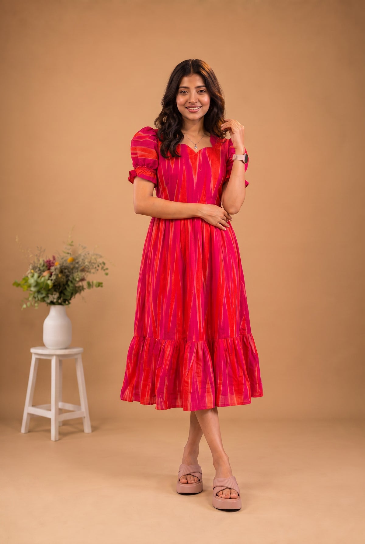 Handloom Ikkat Cotton Frock with Stylish Puff Sleeves in Pink Colour | Full-Length Lining | Ready to Wear