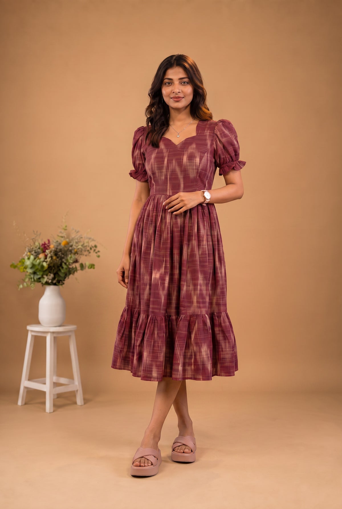 Handloom Ikkat Cotton Frock with Stylish Puff Sleeves in Brick Red Colour | Full-Length Lining | Ready to Wear