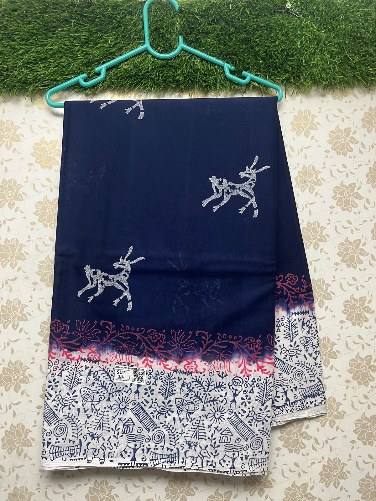 Vasundhara 100count Printed Cotton Saree with Navy Blue colour