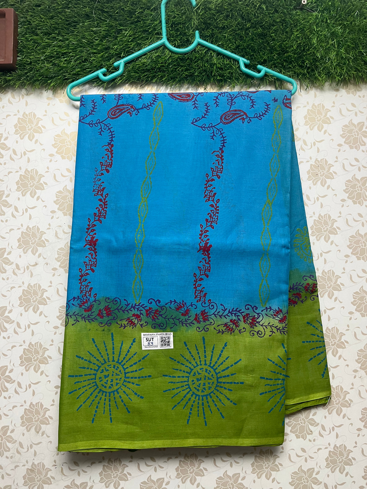 Vasundhara 100count Printed Cotton Saree with Sky Blue colour