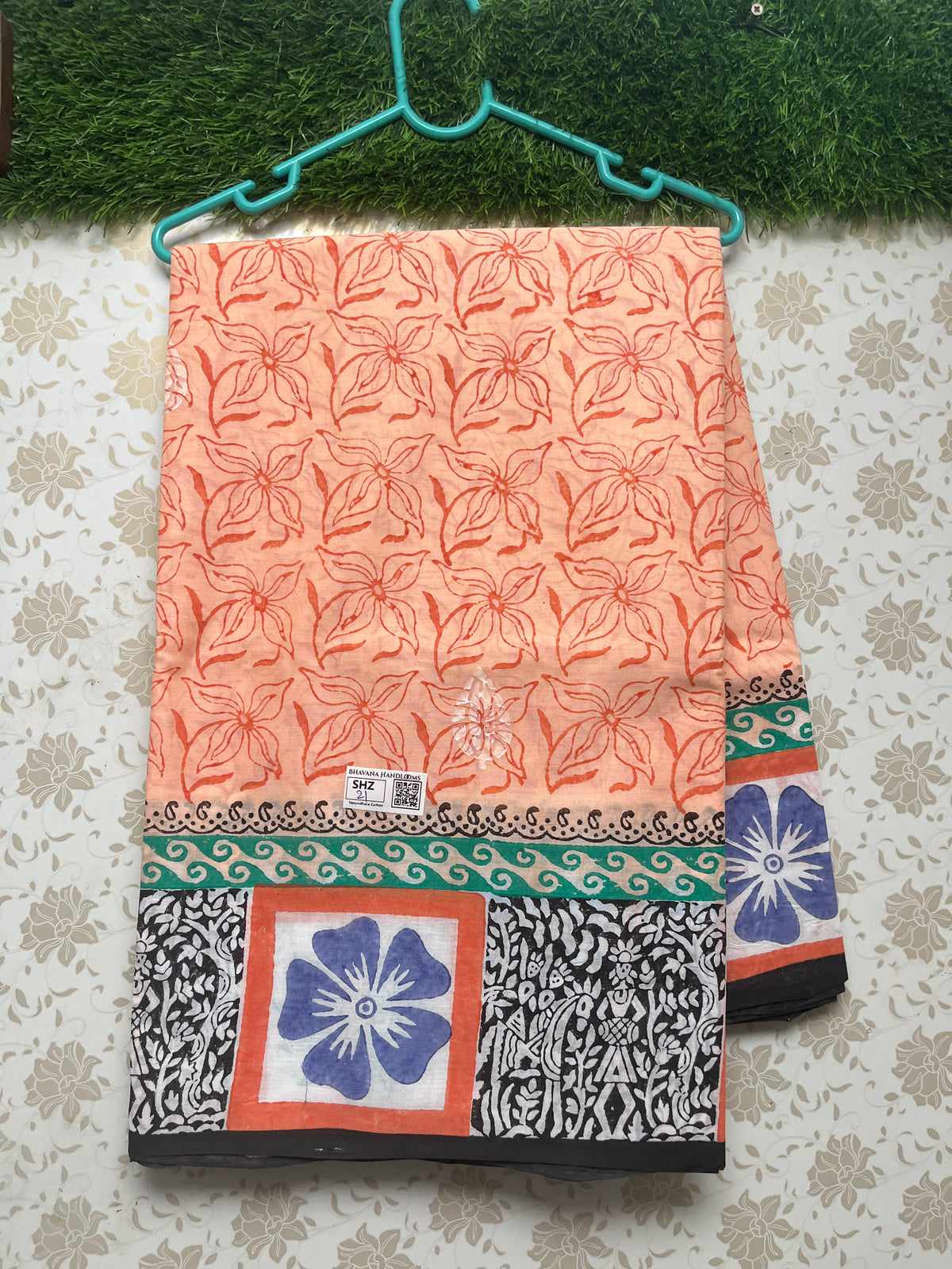 Vasundhara 120count Printed Cotton Saree with Orange colour