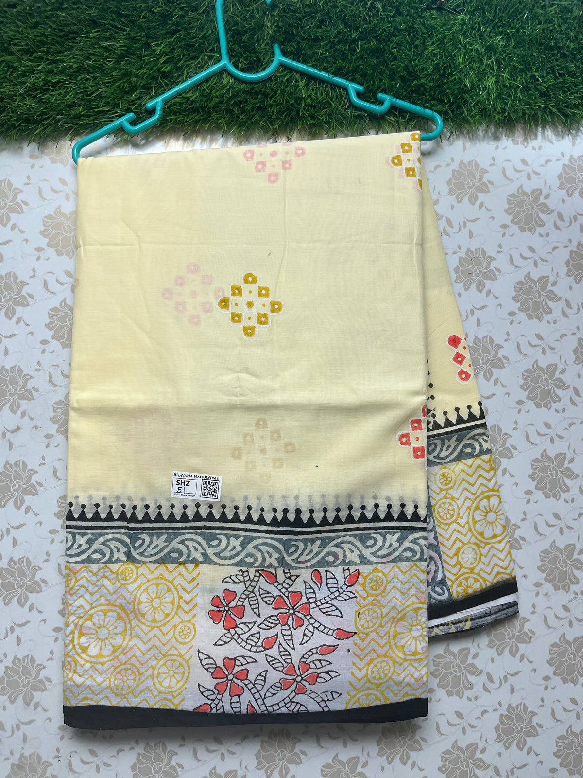 Vasundhara 120count Printed Cotton Saree with Light Yellow colour