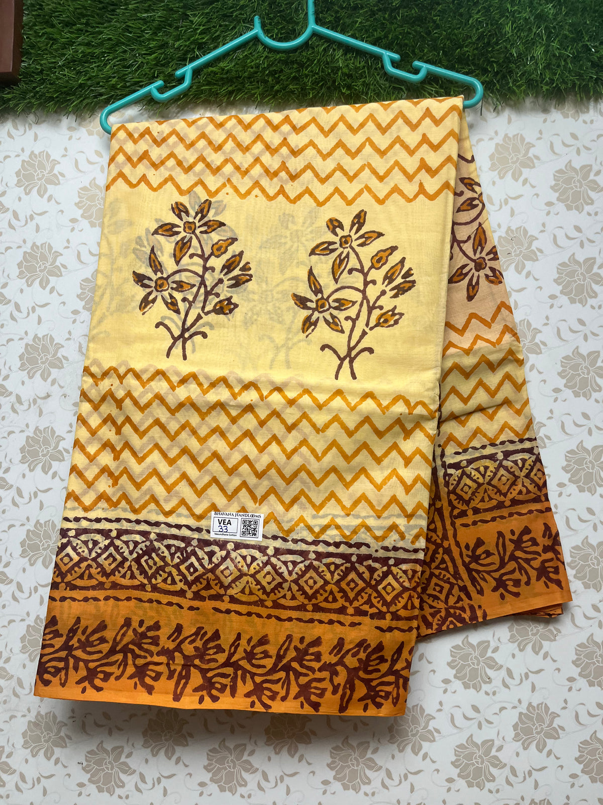 Vasundhara 100count Printed Cotton Saree with Orange colour