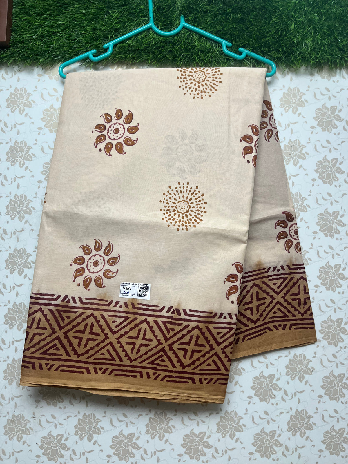 Vasundhara 100count Printed Cotton Saree with Peach colour