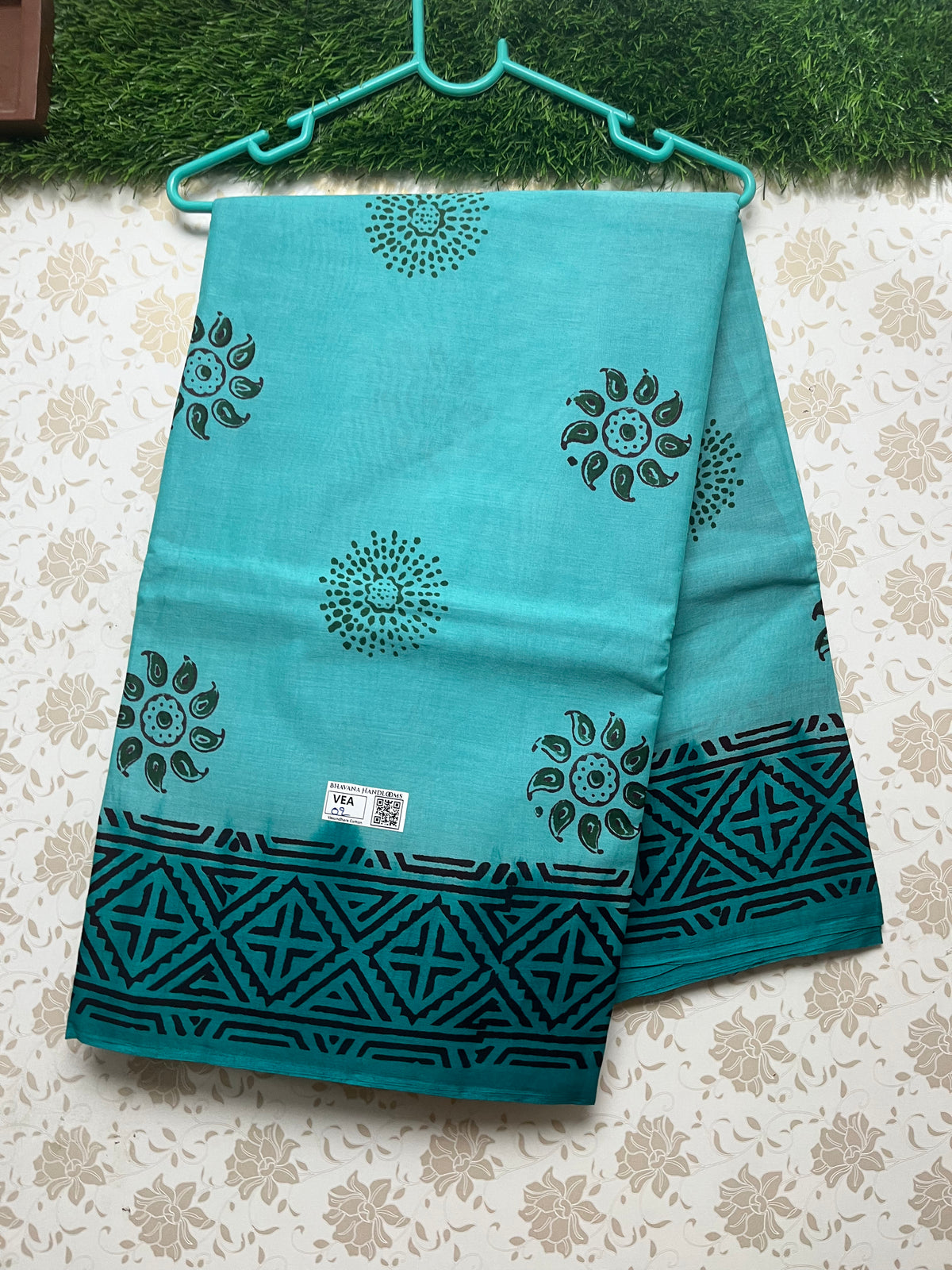 Vasundhara 100count Printed Cotton Saree with Greenish Blue colour
