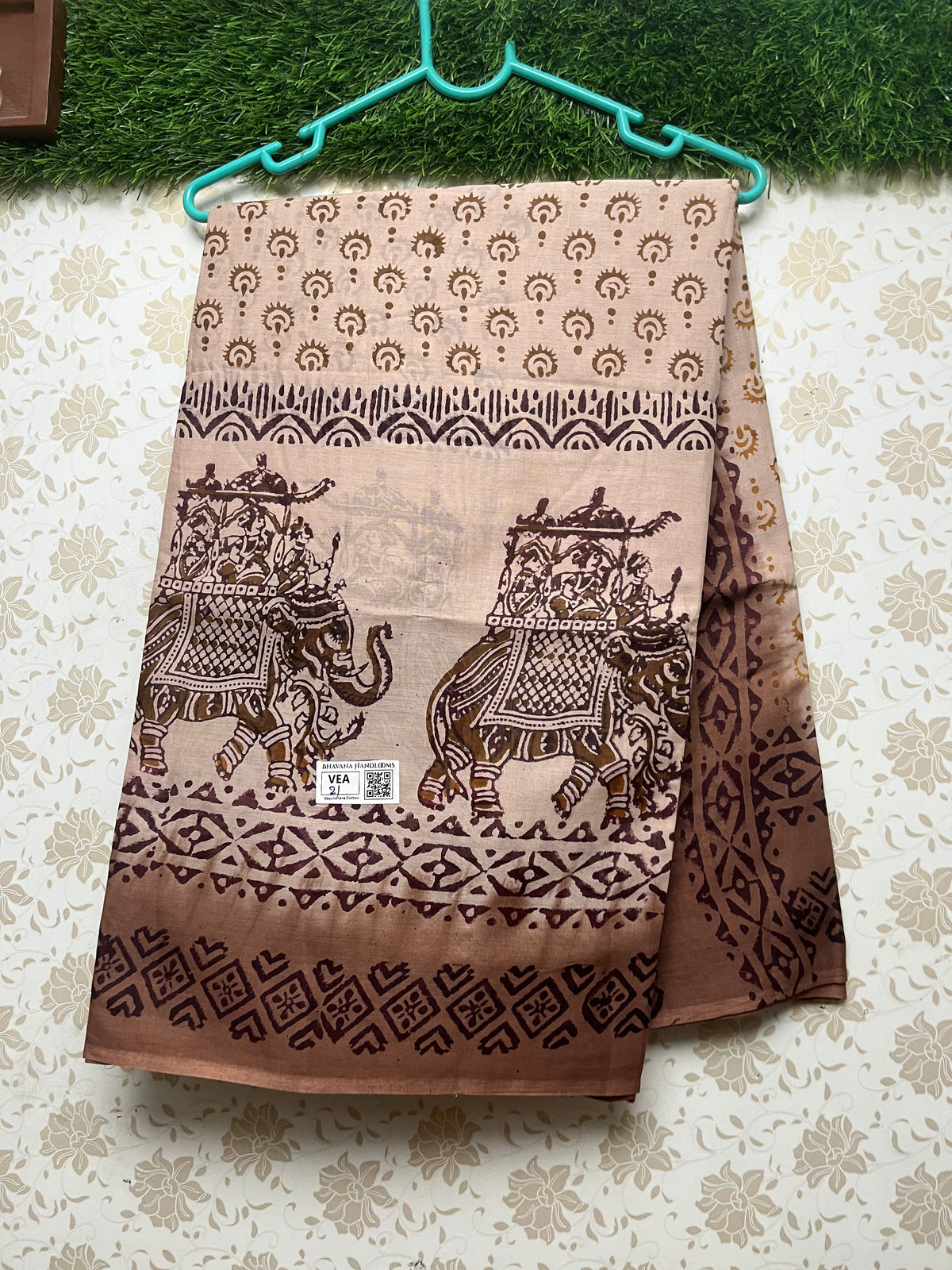 Vasundhara 100count Printed Cotton Saree with Biscuit colour
