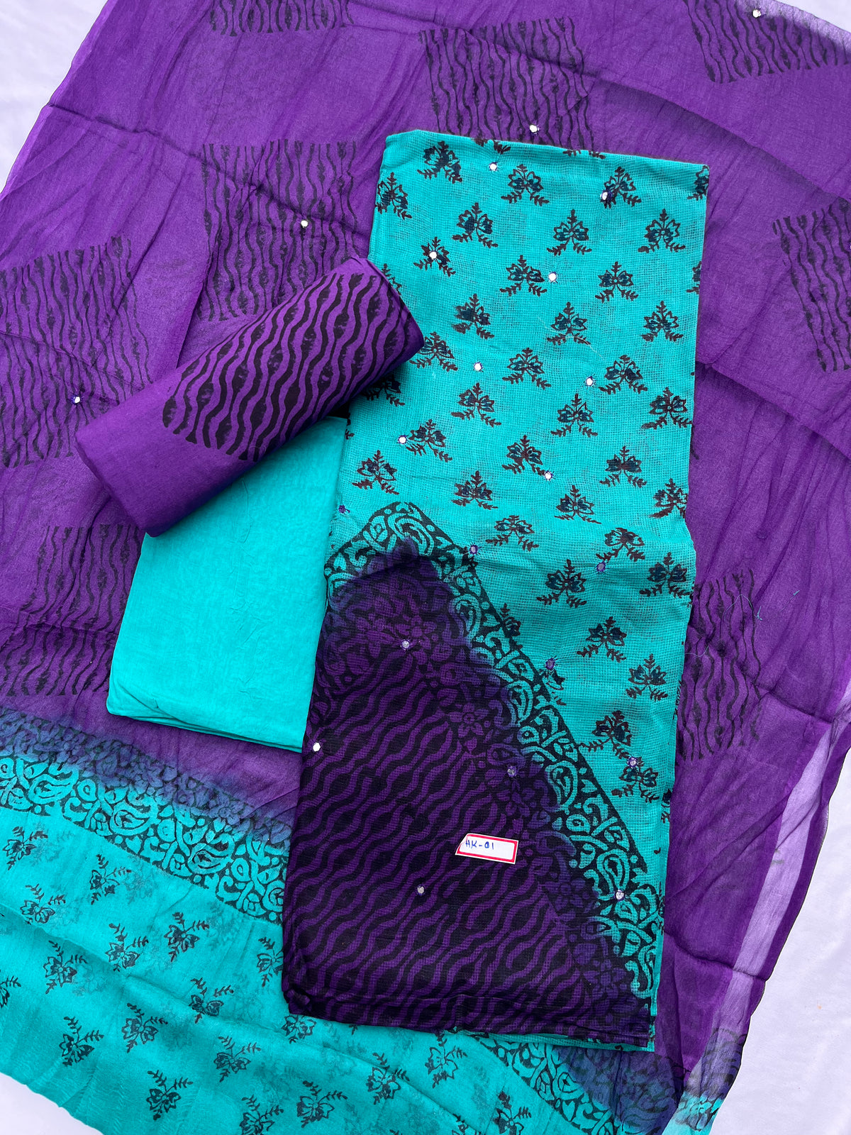 Mirror Work Kota Dress Material – Sea Blue with Lining | Georgette Dupatta & Cotton Bottom | Festive & Party Wear Fabric Set