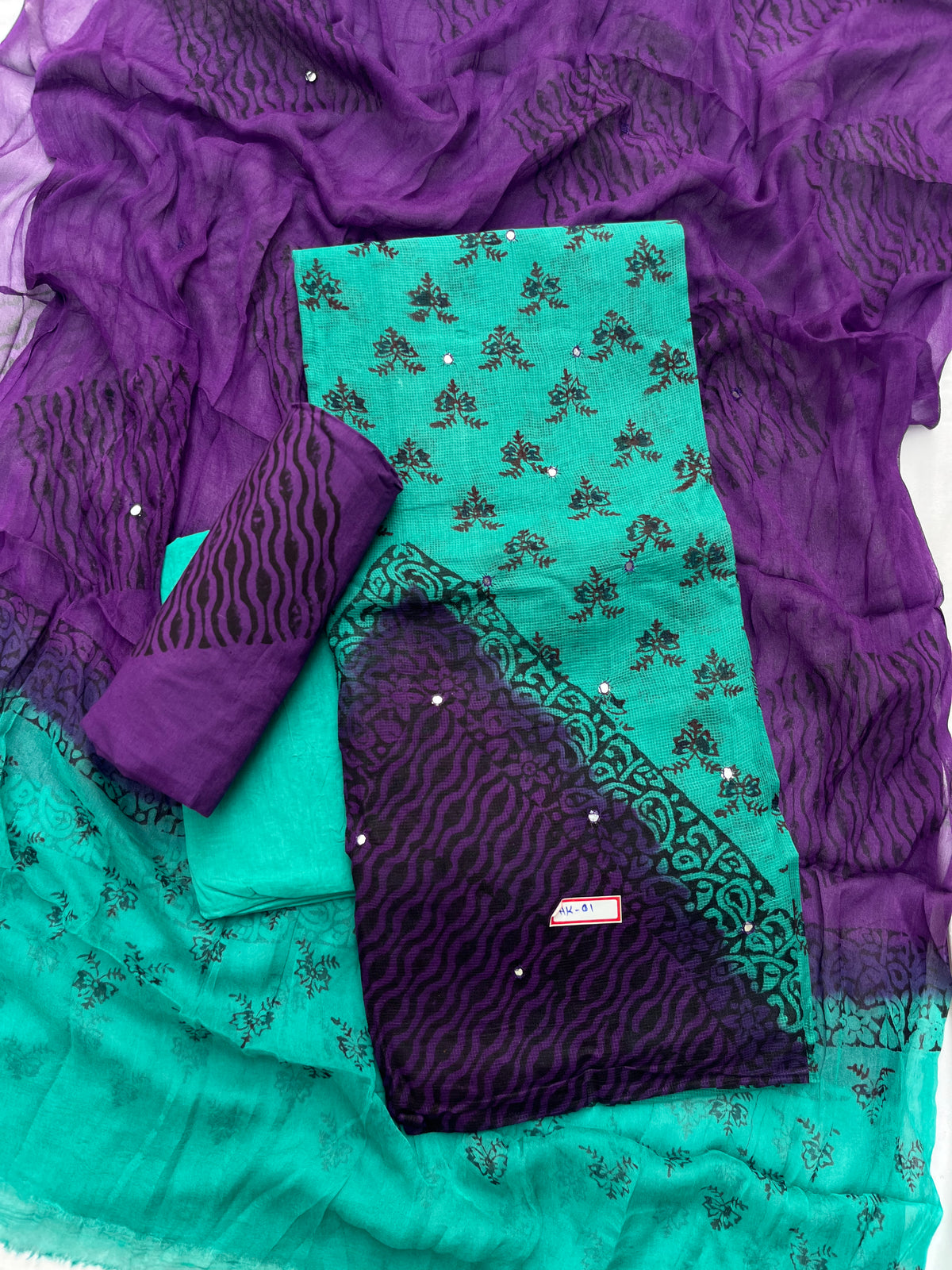 Mirror Work Kota Dress Material – Sea Blue with Lining | Georgette Dupatta & Cotton Bottom | Festive & Party Wear Fabric Set
