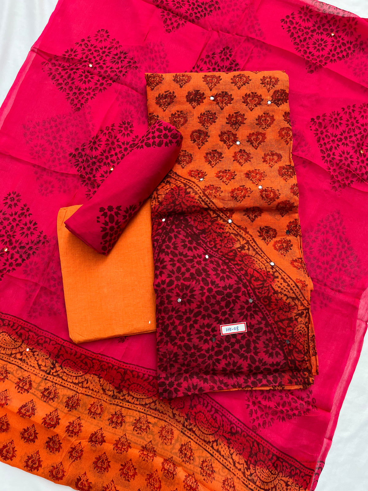 Mirror Work Kota Dress Material – Orange with Lining | Georgette Dupatta & Cotton Bottom | Festive & Party Wear Fabric Set