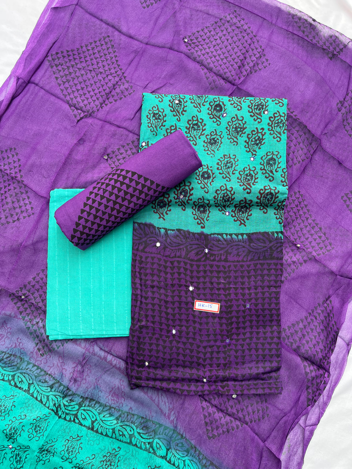 Mirror Work Kota Dress Material – Sea Blue with Lining | Georgette Dupatta & Cotton Bottom | Festive & Party Wear Fabric Set