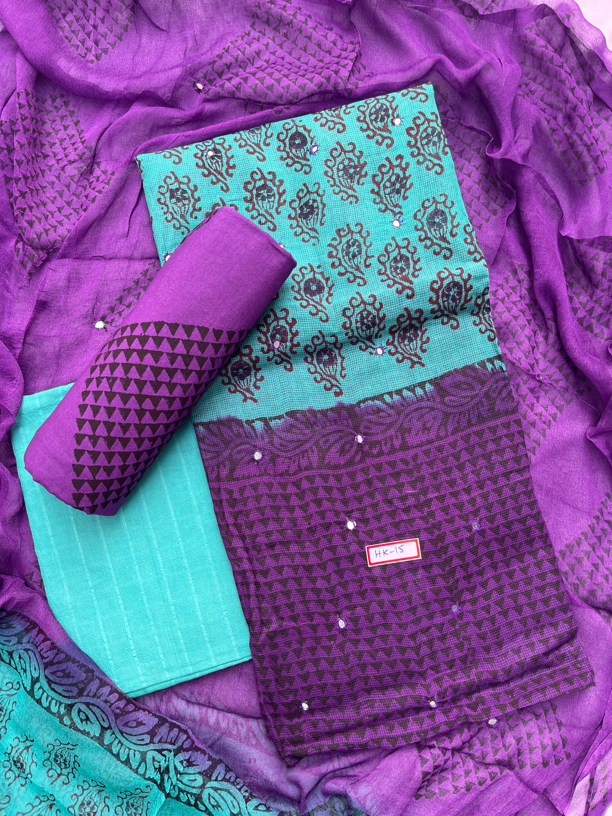 Mirror Work Kota Dress Material – Sea Blue with Lining | Georgette Dupatta & Cotton Bottom | Festive & Party Wear Fabric Set