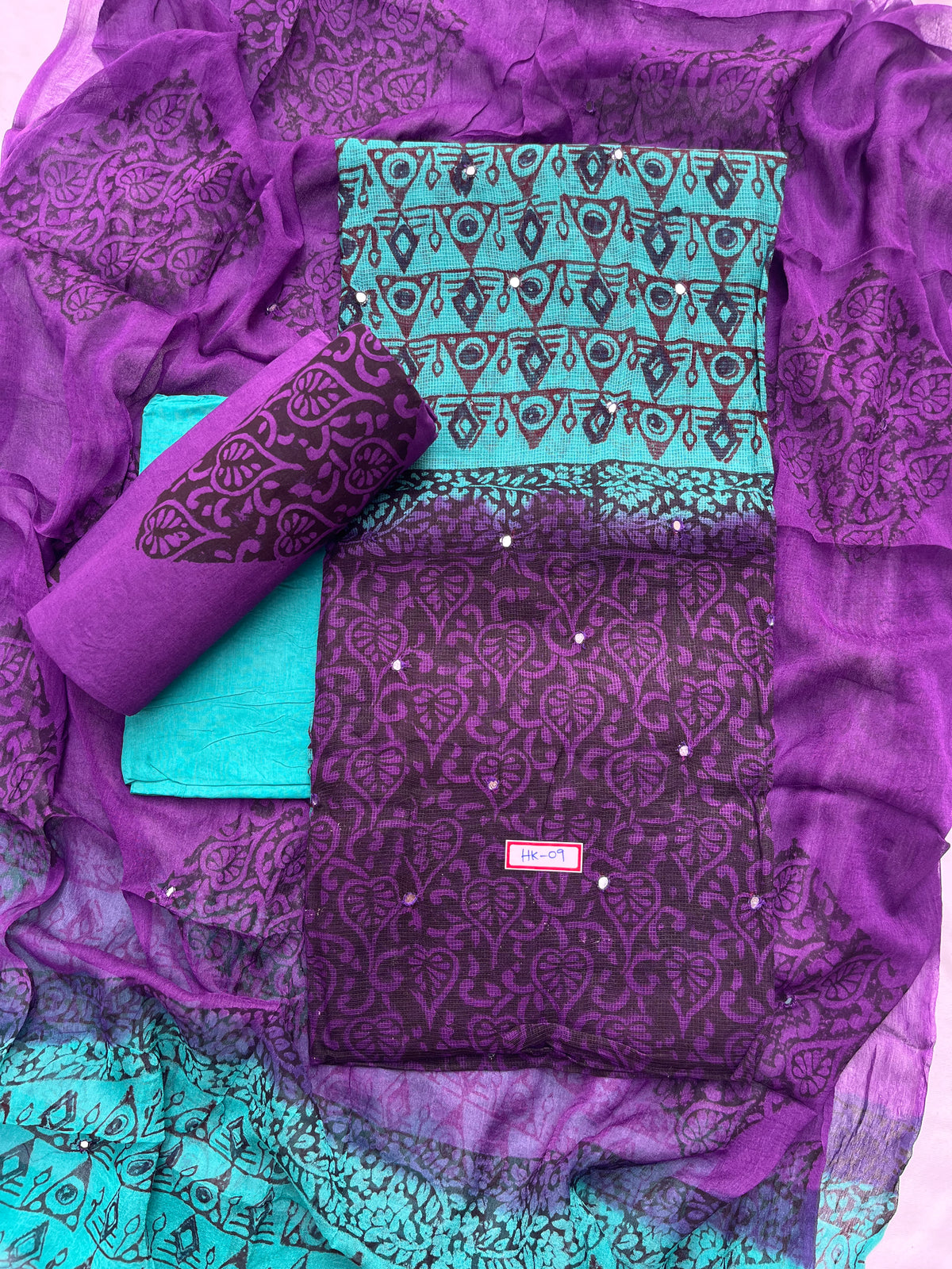 Mirror Work Kota Dress Material – Sea Blue with Lining | Georgette Dupatta & Cotton Bottom | Festive & Party Wear Fabric Set