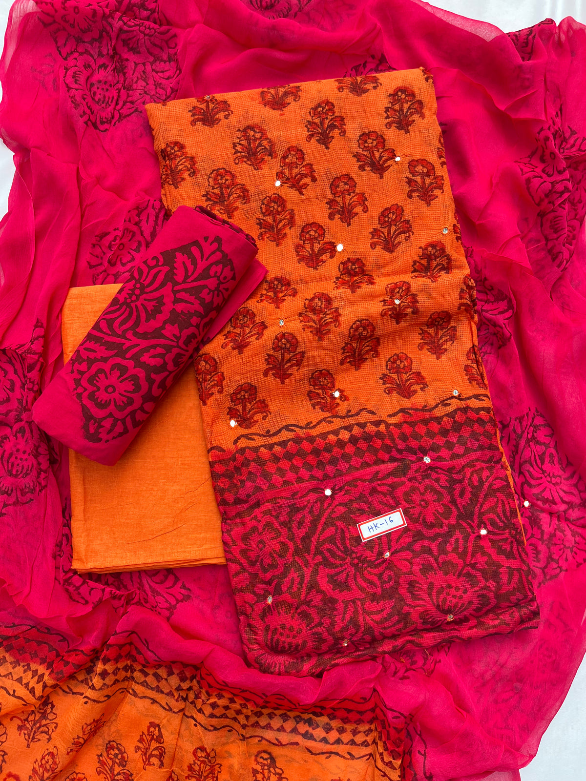 Mirror Work Kota Dress Material – Orange with Lining | Georgette Dupatta & Cotton Bottom | Festive & Party Wear Fabric Set