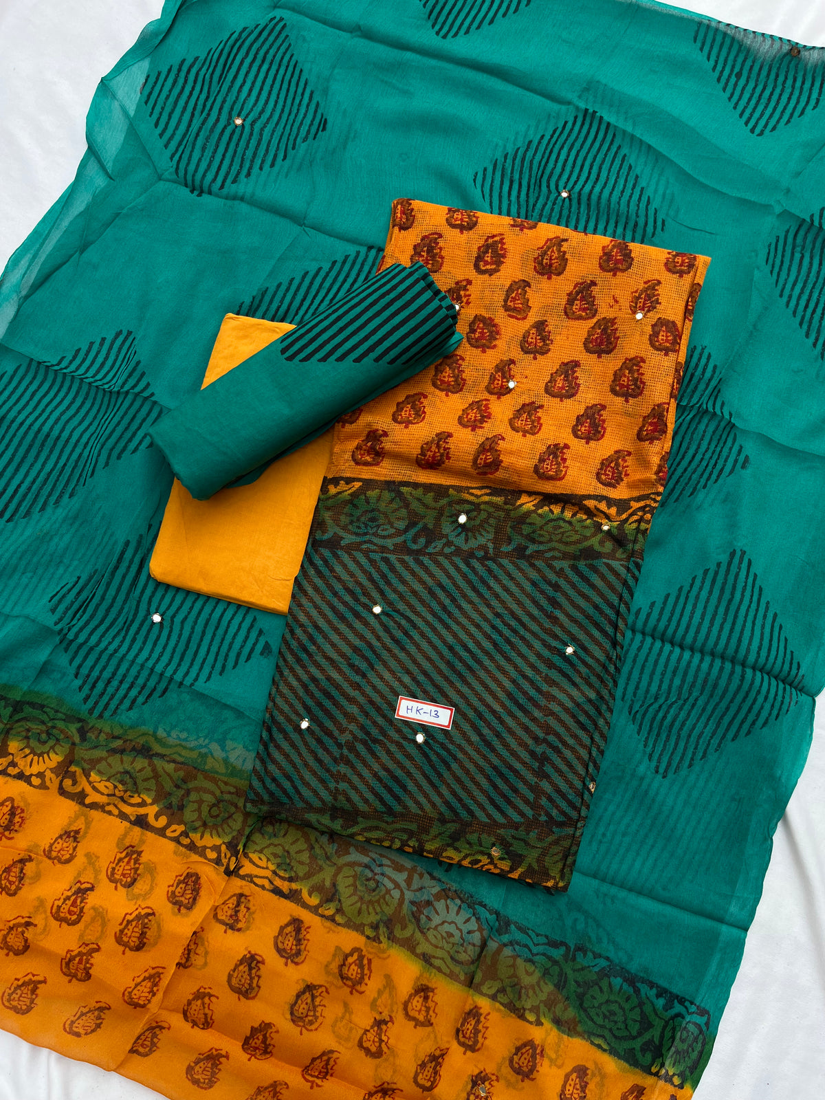 Mirror Work Kota Dress Material – Dark Yellow with Lining | Georgette Dupatta & Cotton Bottom | Festive & Party Wear Fabric Set