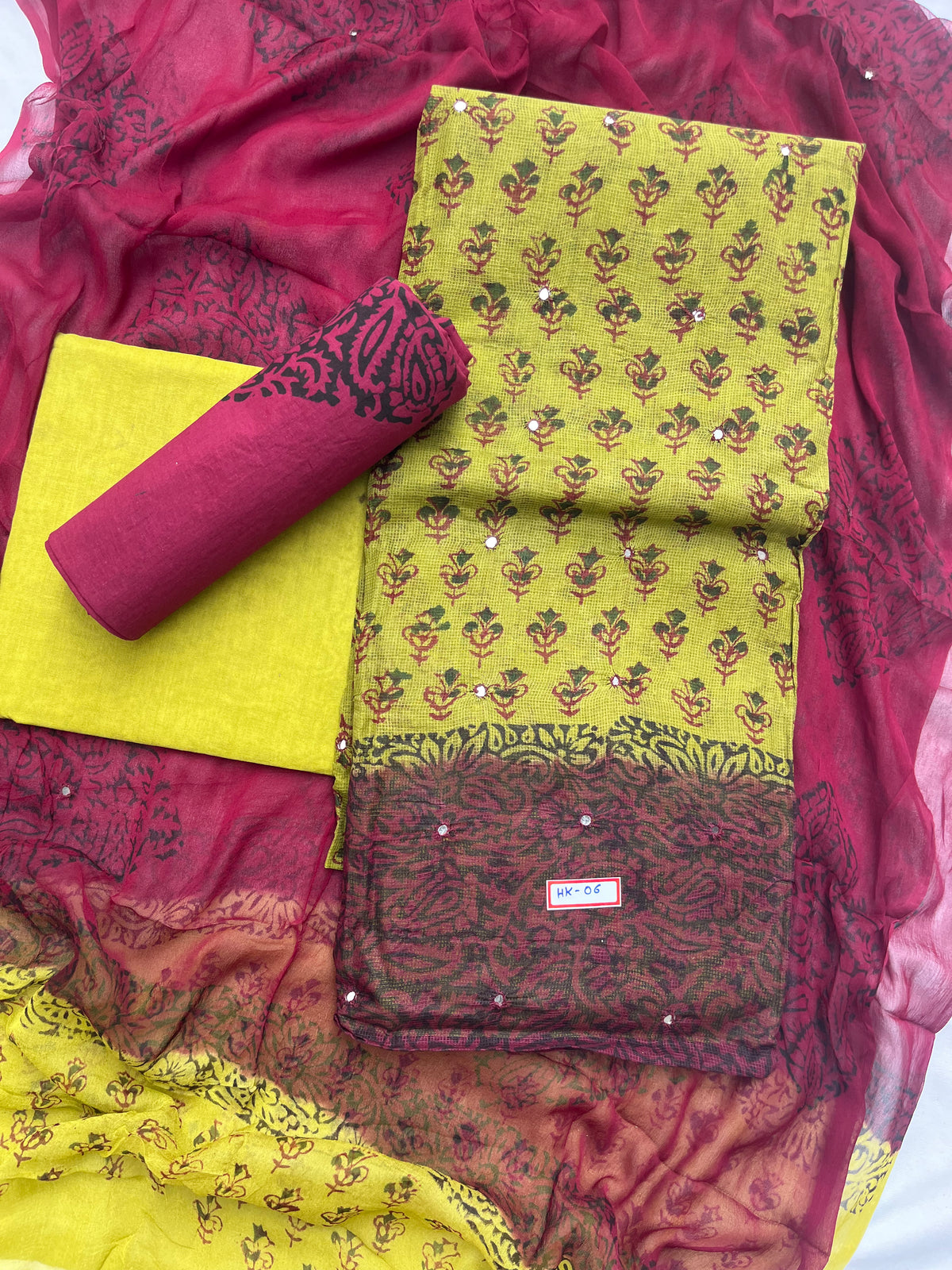 Mirror Work Kota Dress Material – Light Green with Lining | Georgette Dupatta & Cotton Bottom | Festive & Party Wear Fabric Set