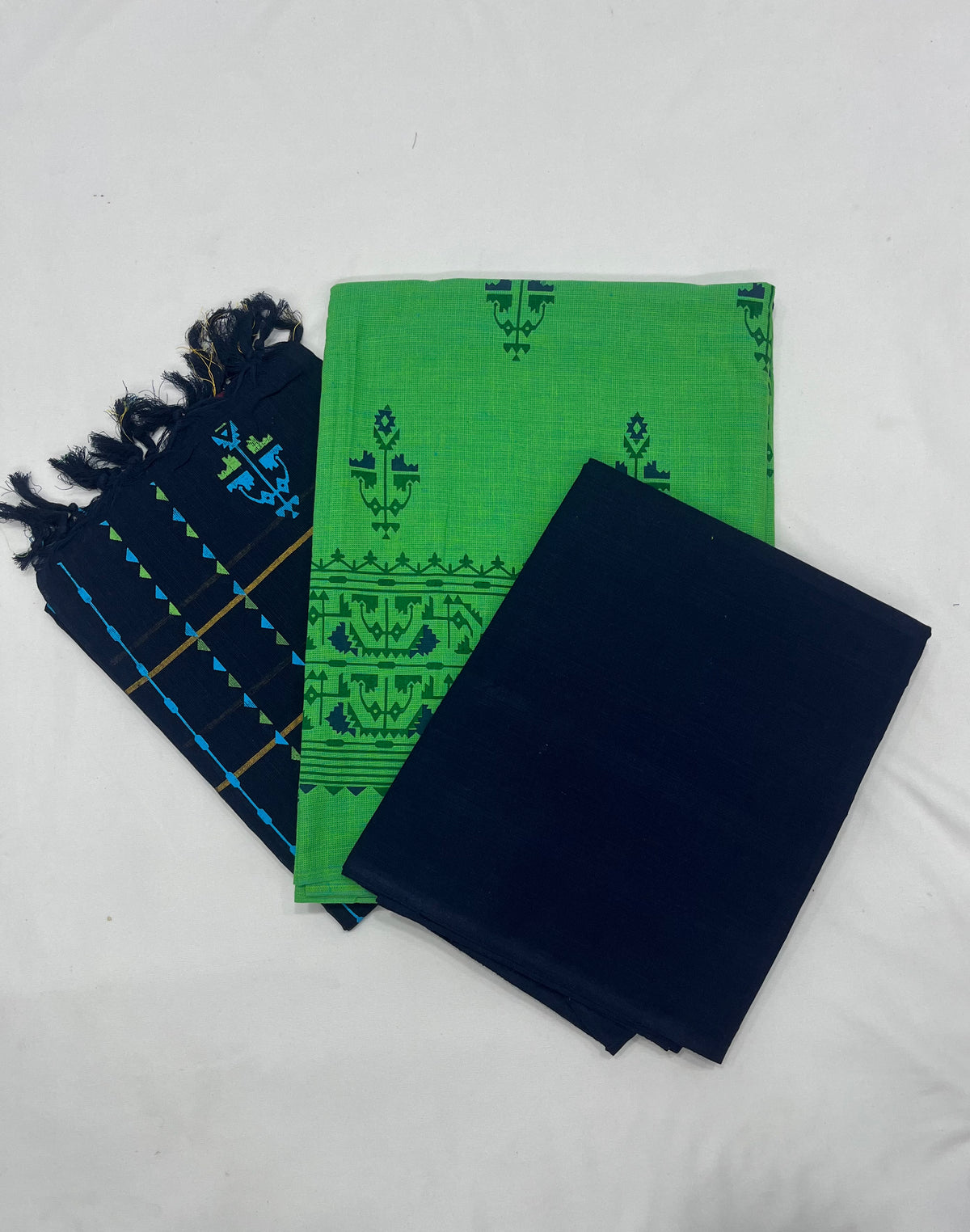 Cotton Dress Material with Navy Blue Chunni