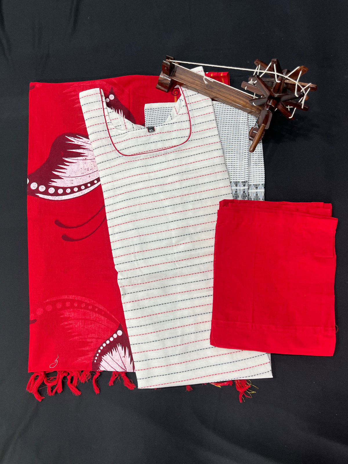 Jacquard Kurti Set Half White & Red – Straight Cut Style, Elbow Length Hands