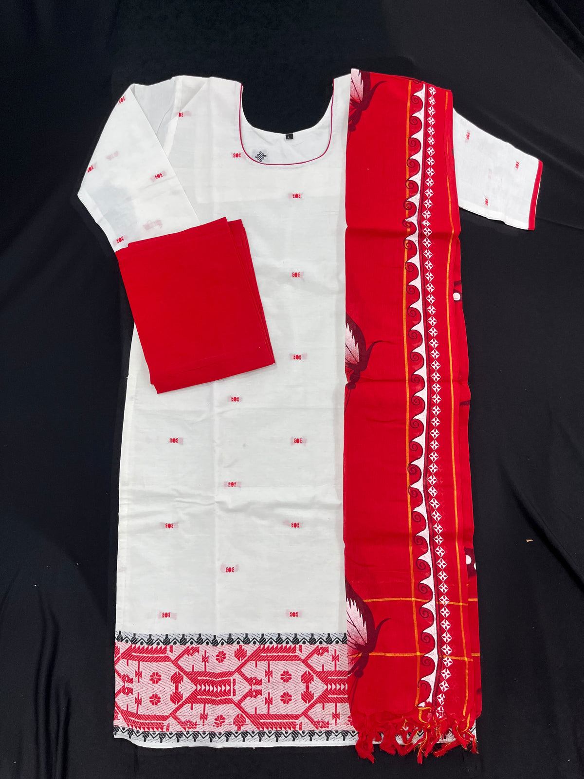 Jacquard Cotton Kurti Set Half White & Red – Straight Cut Pattern with Elbow Sleeves