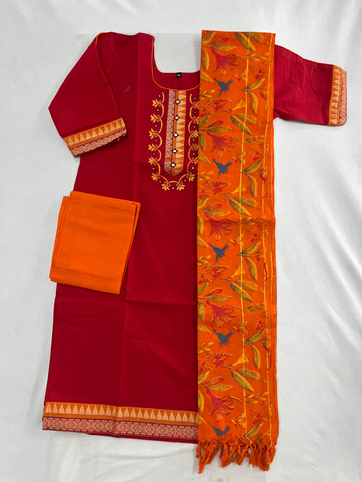 Mangalagiri Cotton Kurti Set Dark Red – Straight Cut Style, Elbow Length Sleeves