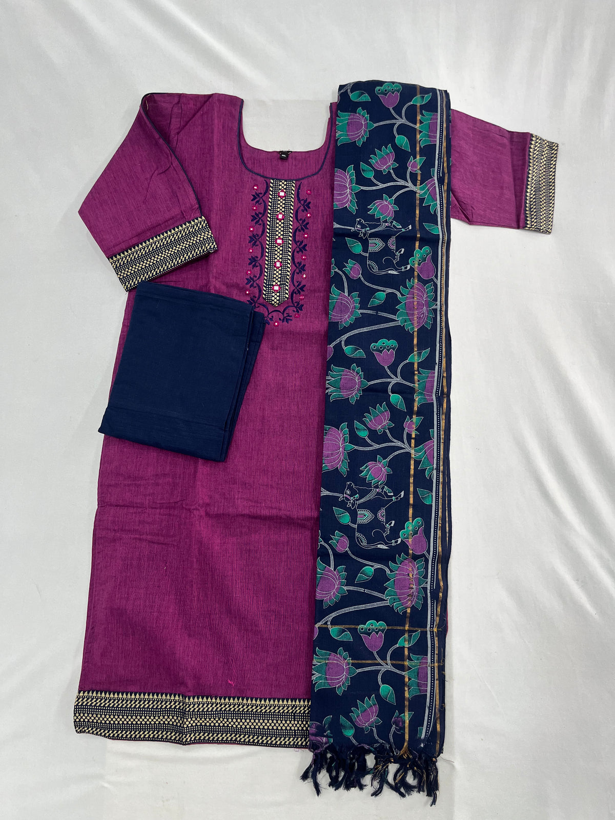 Mangalagiri Cotton Kurti Set Purple – Straight Cut Style, Elbow Length Sleeves