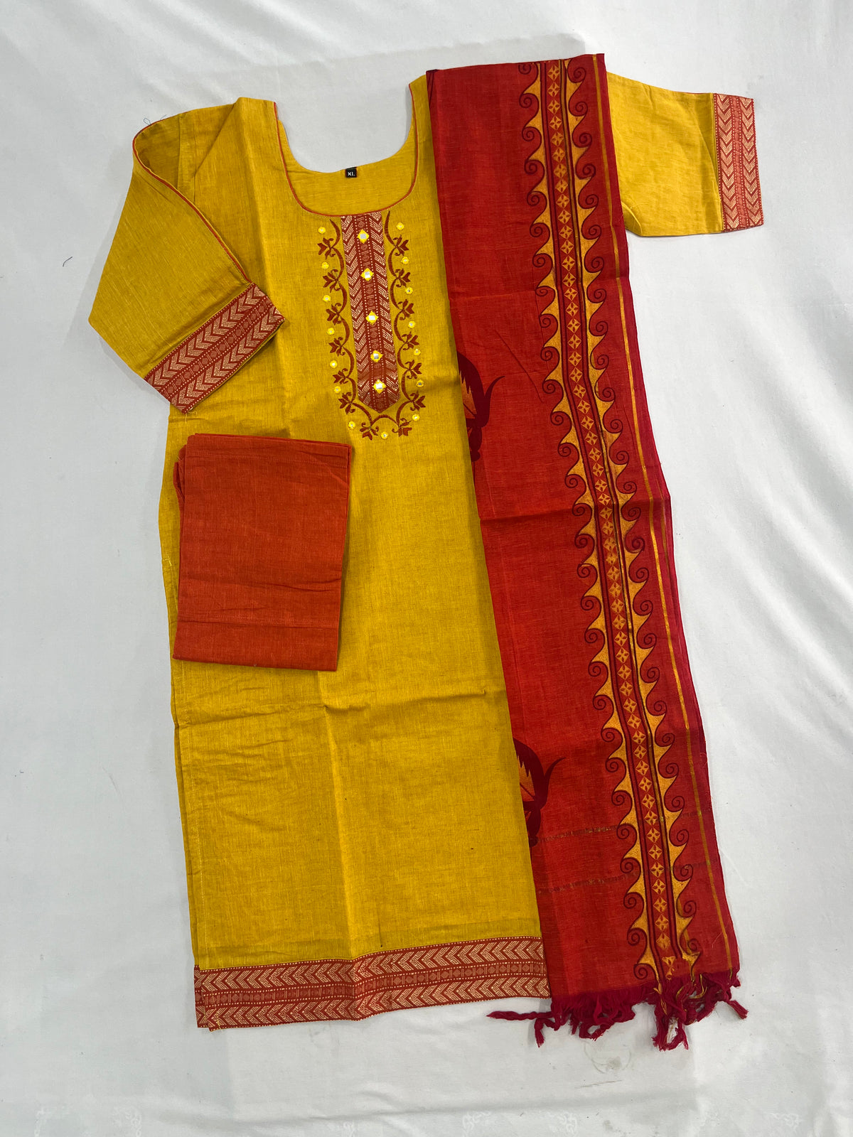 Mangalagiri Cotton Kurti Set Yellow – Straight Cut Style, Elbow Length Sleeves
