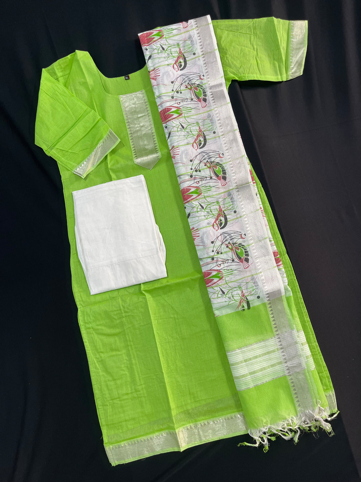 Mangalagiri Cotton Kurti Set Green – Premium Full-Length Lining for Women