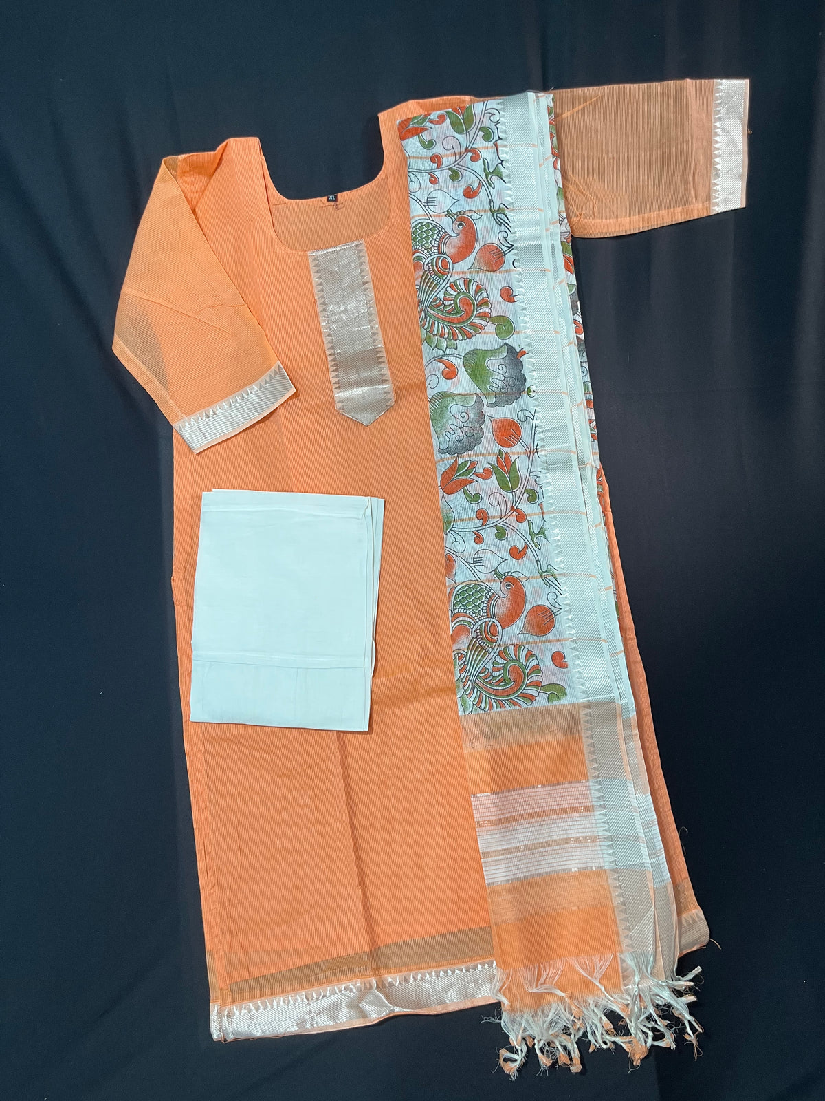 Mangalagiri Cotton Kurti Set Orange – Premium Full-Length Lining for Women