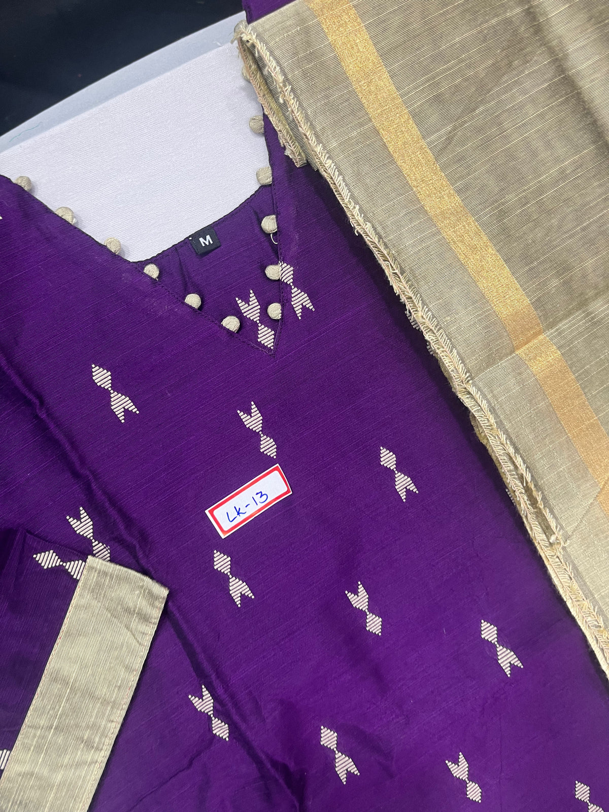 Raw Silk 3pc KurtiSet With Violet Colour Full Length Lining | Gold Dupatta