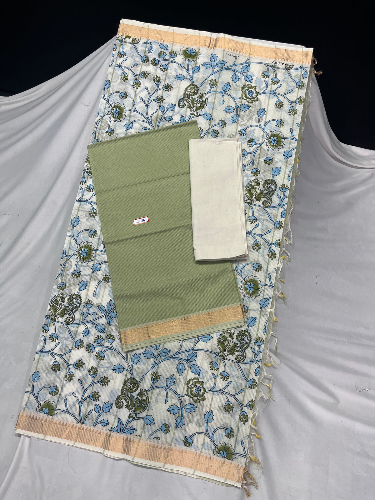 Mangalagiri Cotton Dress Material with White Chunni with Green Colour