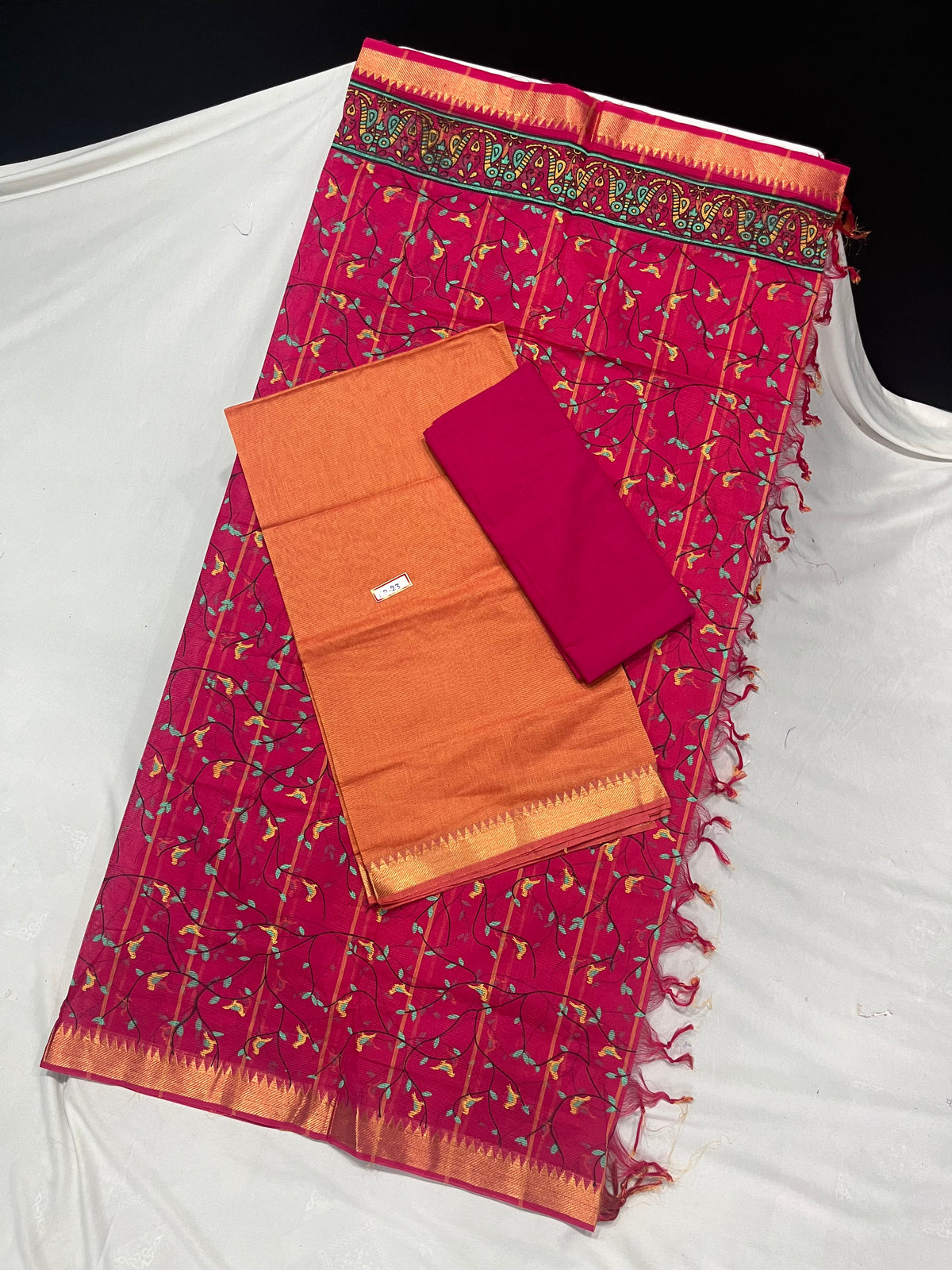 Mangalagiri Cotton Dress Material with PInk Chunni with Orange Colour
