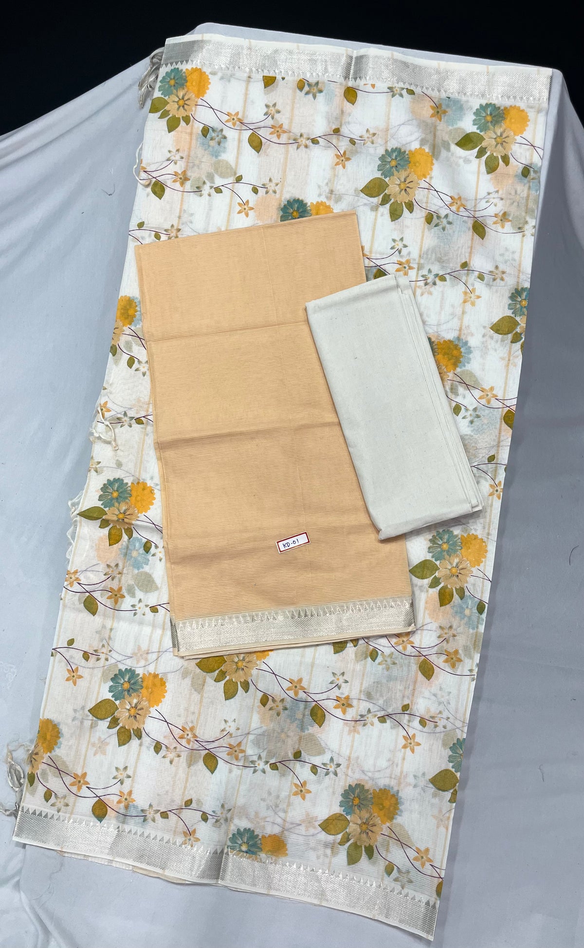 Mangalagiri Cotton Dress Material with White Chunni with Beige Colour