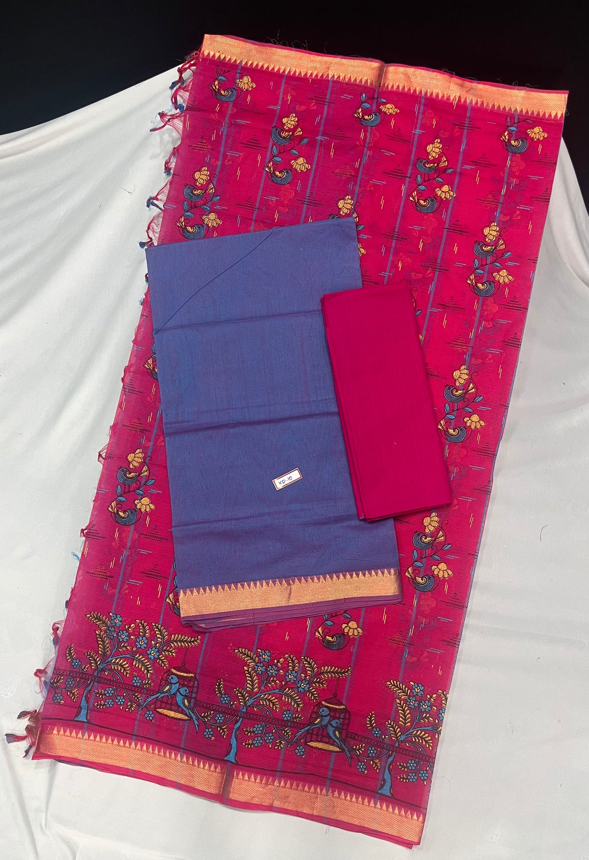 Mangalagiri Cotton Dress Material with Pink Chunni with Dark Blue Colour