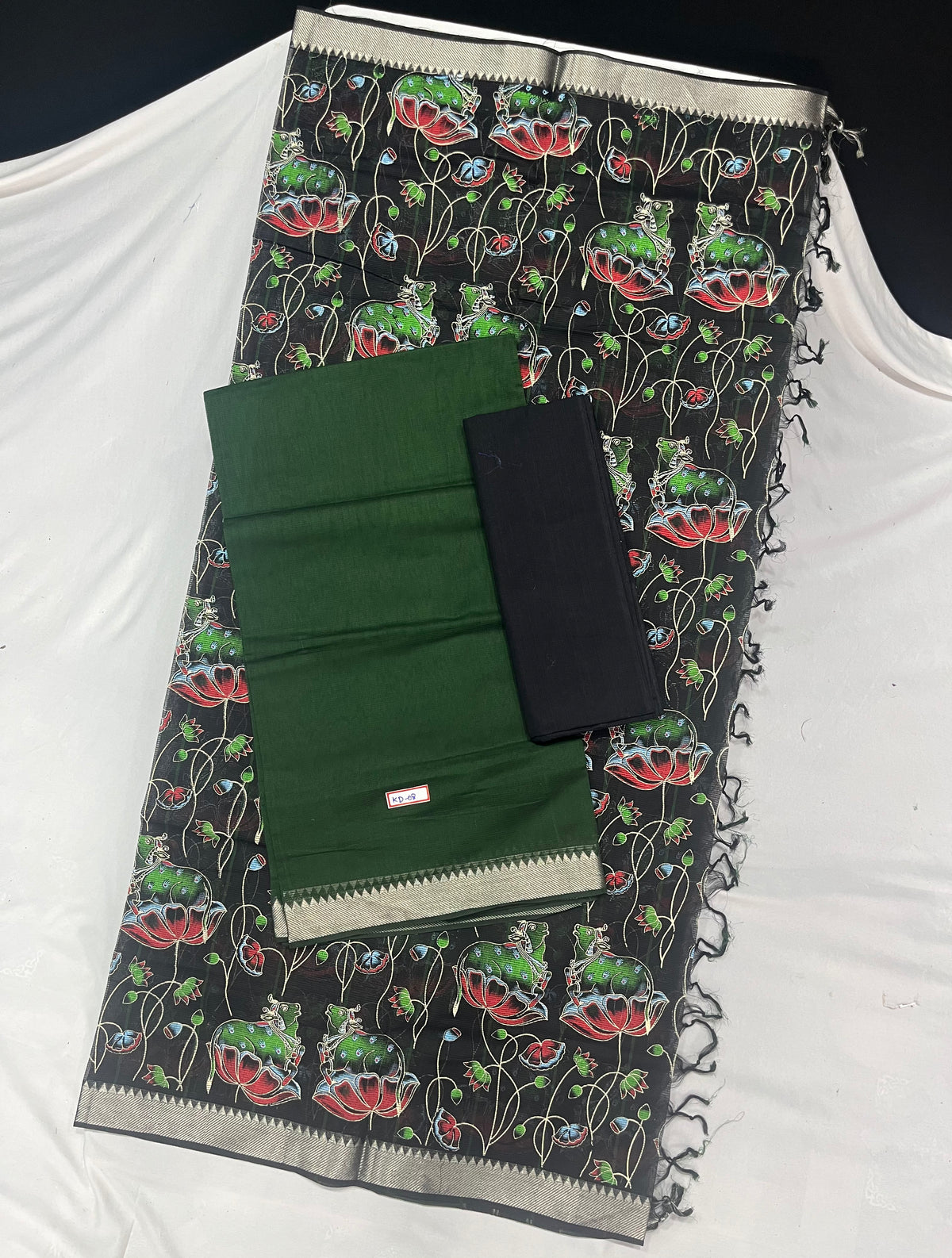 Mangalagiri Cotton Dress Material with Black Chunni with Dark Green Colour