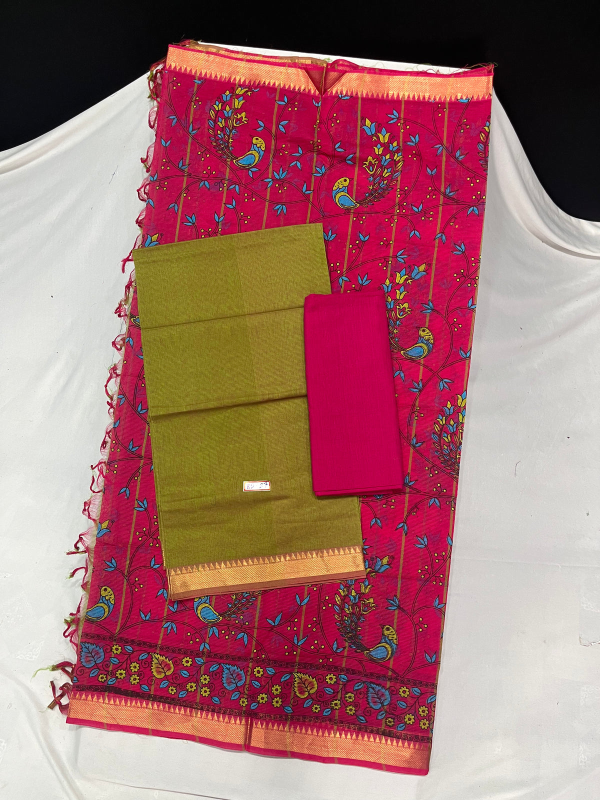 Mangalagiri Cotton Dress Material with Pink Chunni with Olive Green Colour