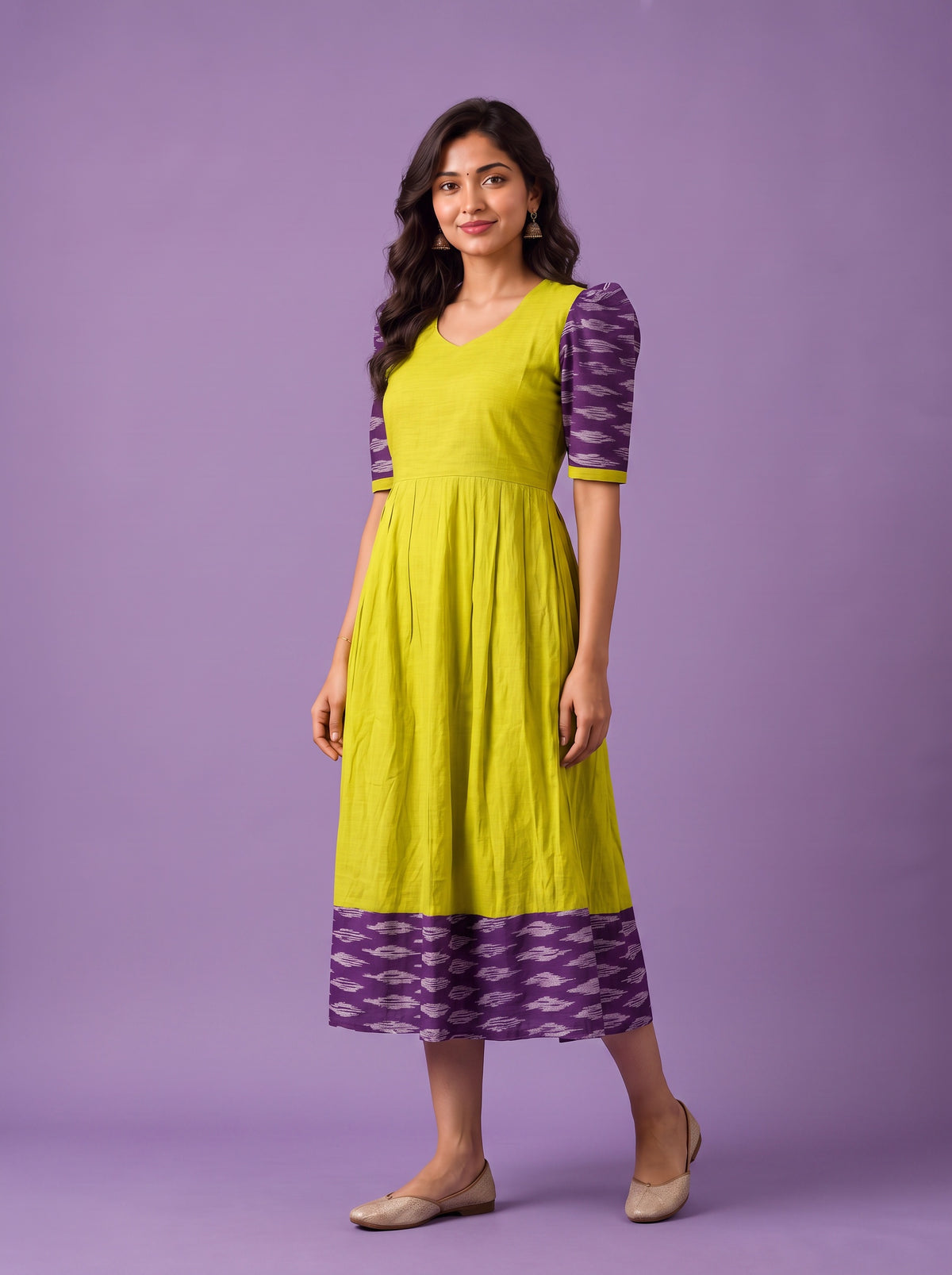 Handloom Ikkat Cotton Frock in Lime Green Colour with Purple Puff Sleeves | Half-Length Lining | Ready to Wear