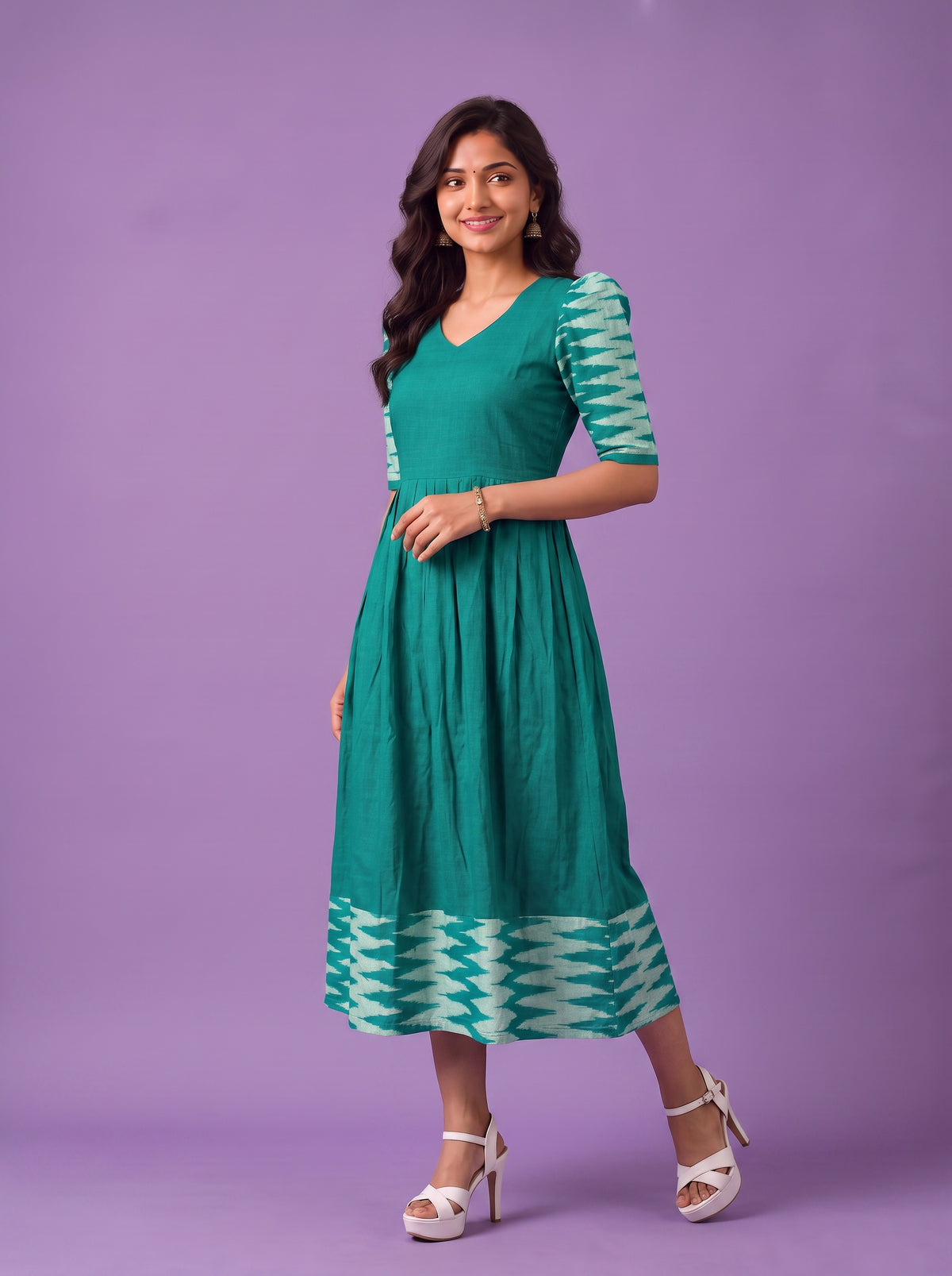 Handloom Ikkat Cotton Frock in Teal Green Colour with Aqua Blue Ikkat Puff Sleeves | Half-Length Lining | Ready to Wear