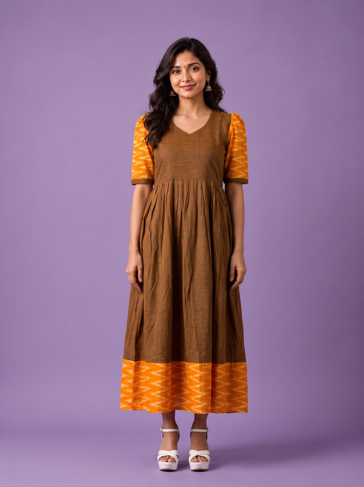Handloom Ikkat Cotton Frock in Coffee Brown Colour with Mustard Yellow Ikkat Puff Sleeves | Half-Length Lining | Ready to Wear