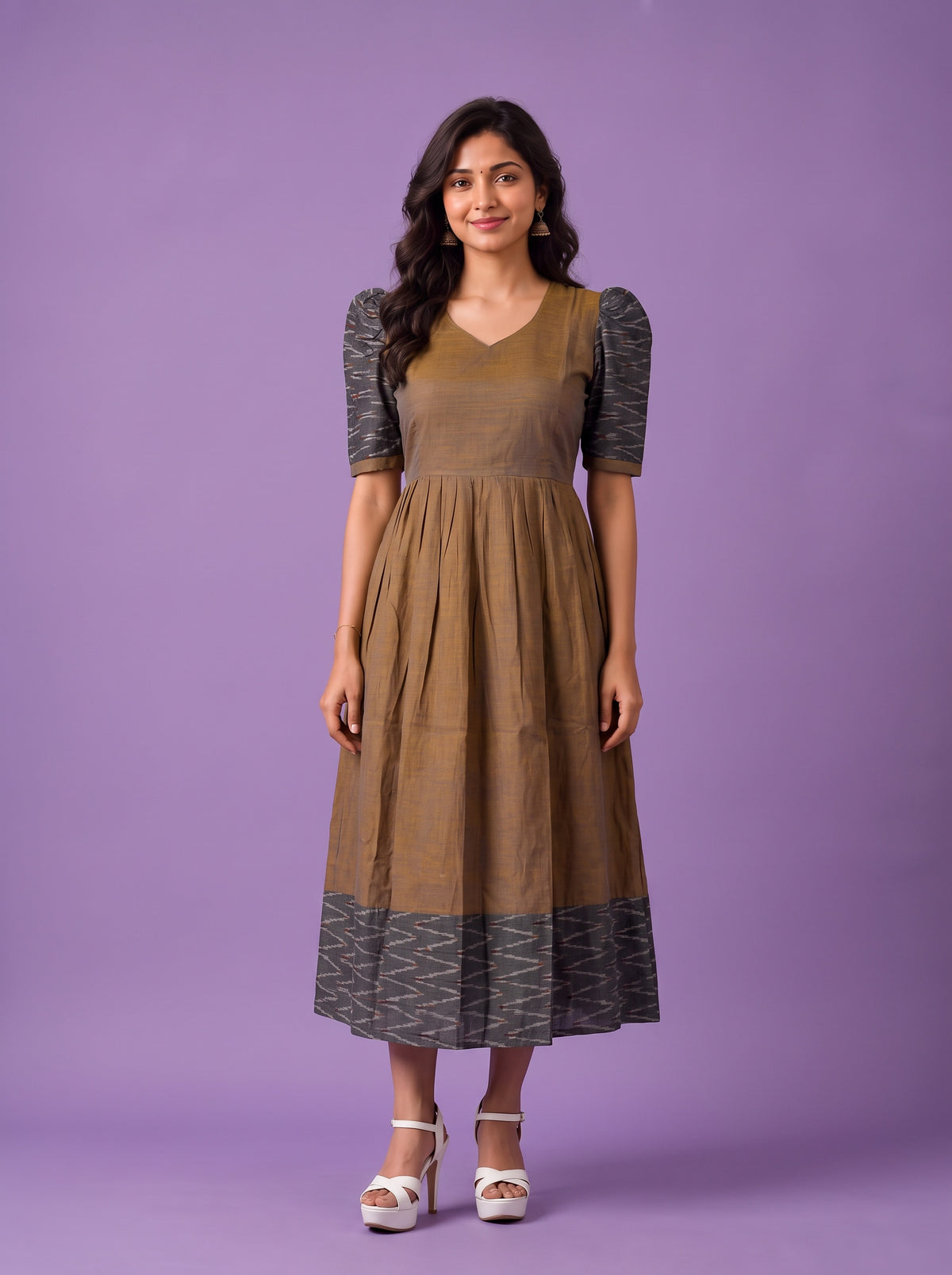 Handloom Ikkat Cotton Frock in Coffee Brown Colour with Charcoal Grey Ikkat Puff Sleeves | Half-Length Lining | Ready to Wear