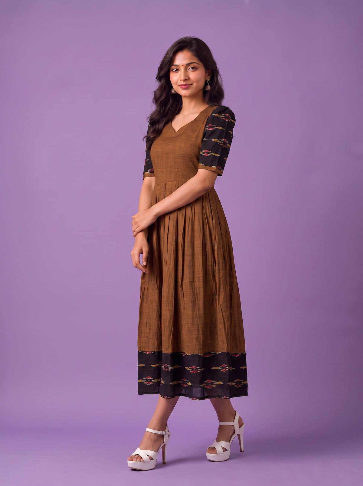 Handloom Ikkat Cotton Frock in Coffee Brown Colour with Black Ikkat Puff Sleeves | Half-Length Lining | Ready to Wear