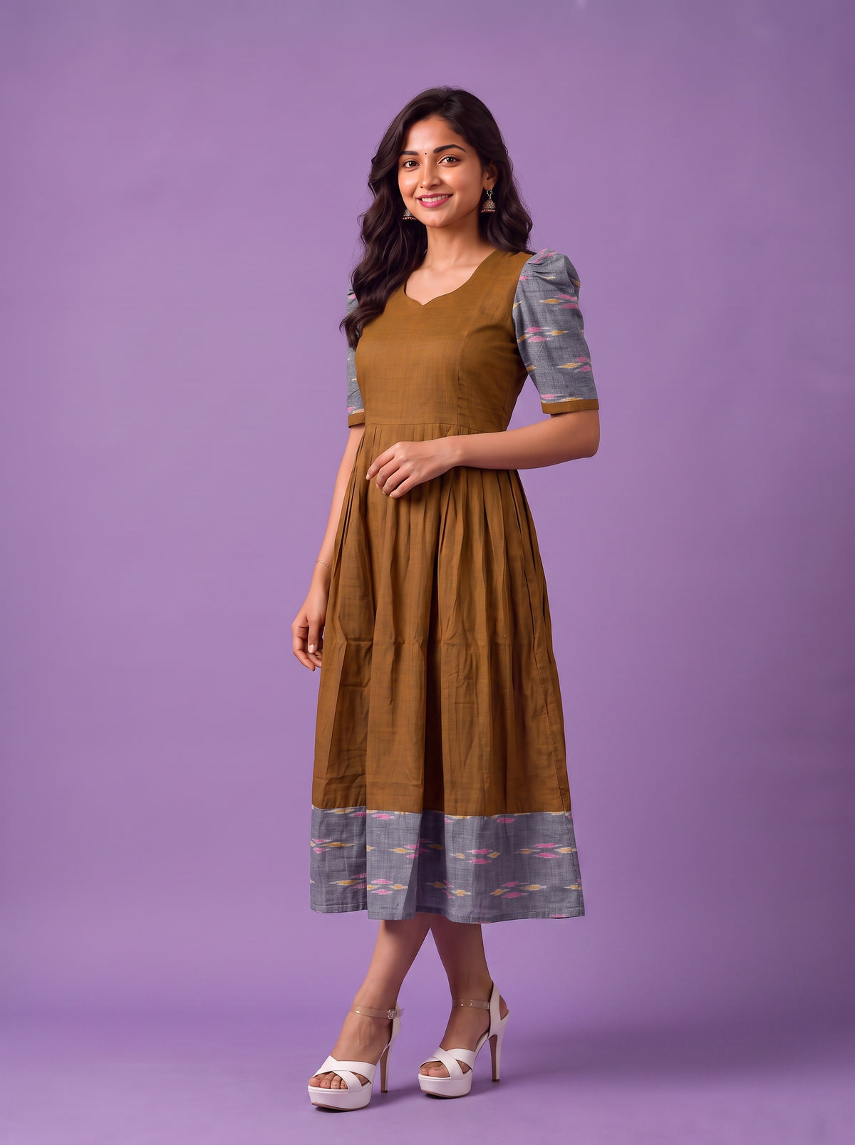Handloom Ikkat Cotton Frock in Rust Brown Colour with Grey Ikkat Puff Sleeves | Half-Length Lining | Ready to Wear