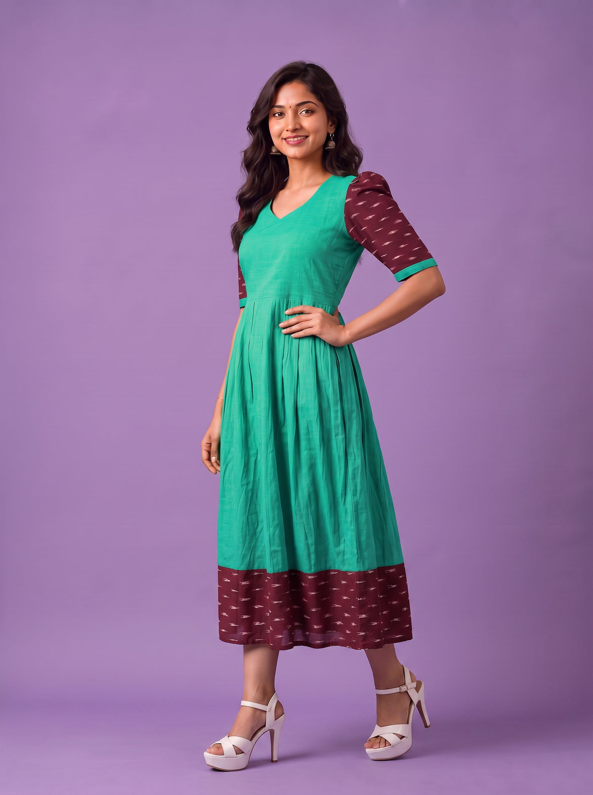 Handloom Ikkat Cotton Frock in Aqua Green Colour with Maroon Ikkat Puff Sleeves | Half-Length Lining | Ready to Wear