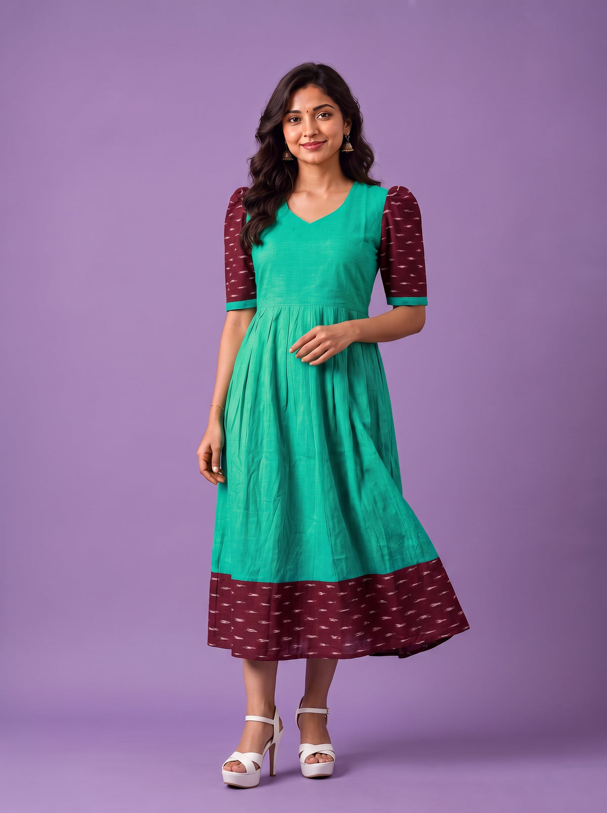Handloom Ikkat Cotton Frock in Aqua Green Colour with Maroon Ikkat Puff Sleeves | Half-Length Lining | Ready to Wear